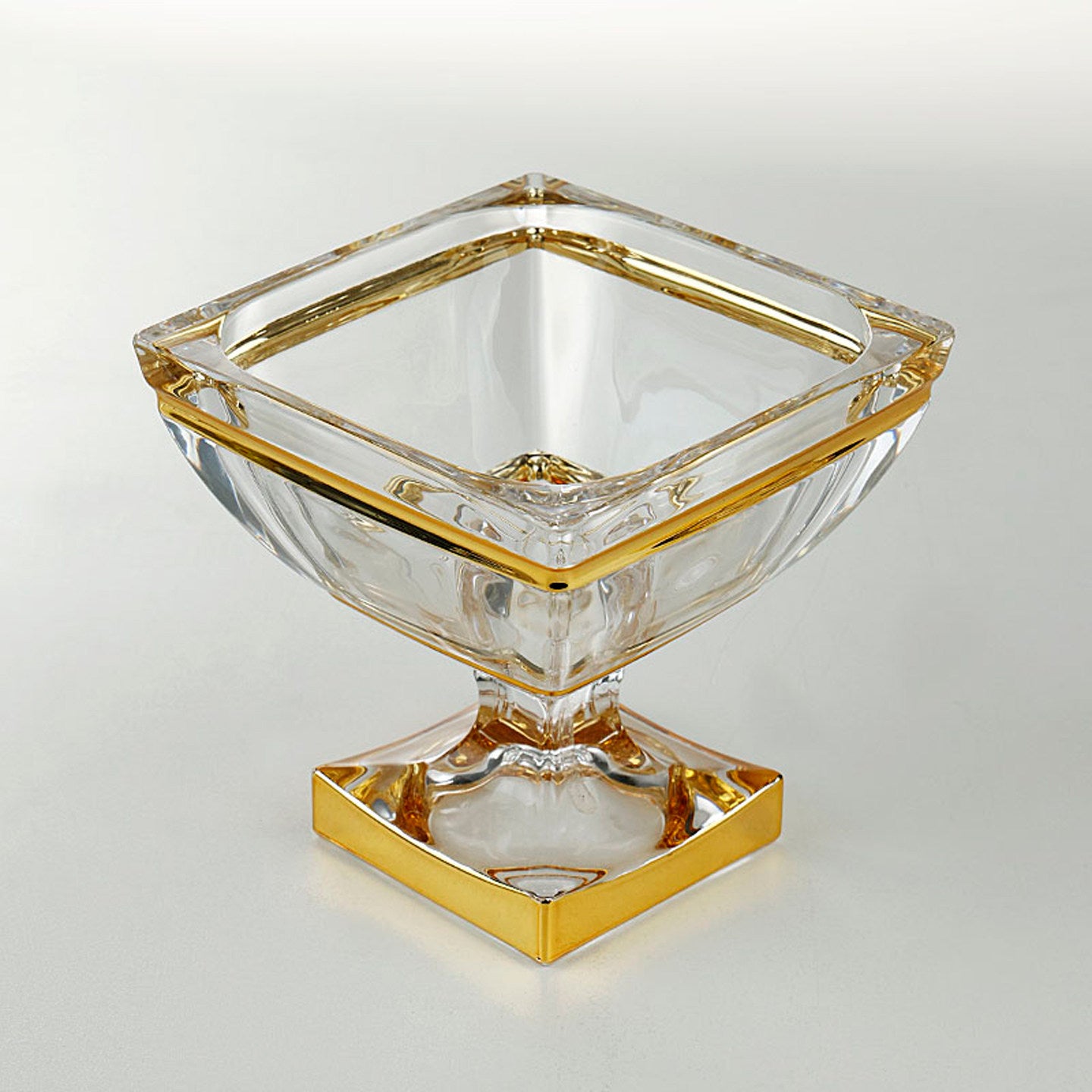 Open view of square glass bowl showing gold rim detail