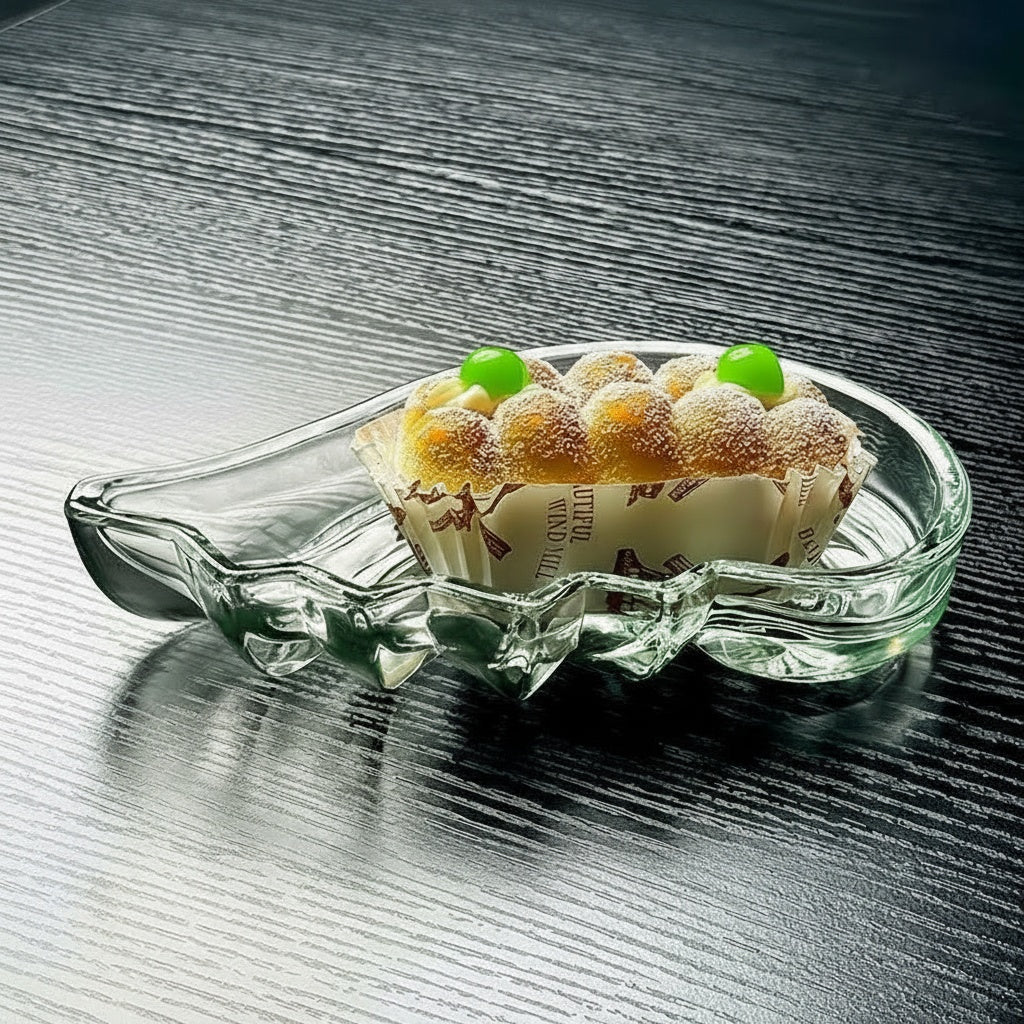 Clear glass sculptural serving dish holding pastries