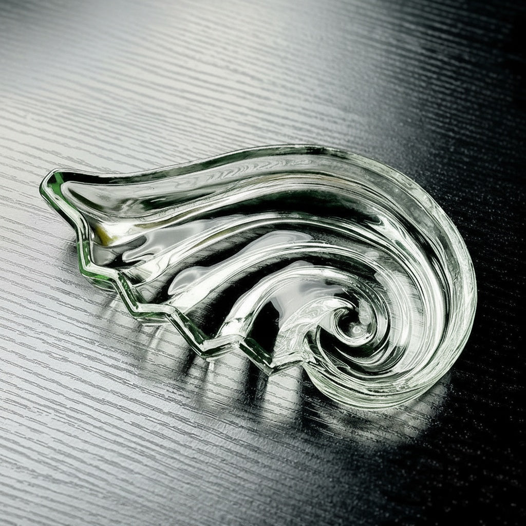 Clear glass sculptural serving dish angled view