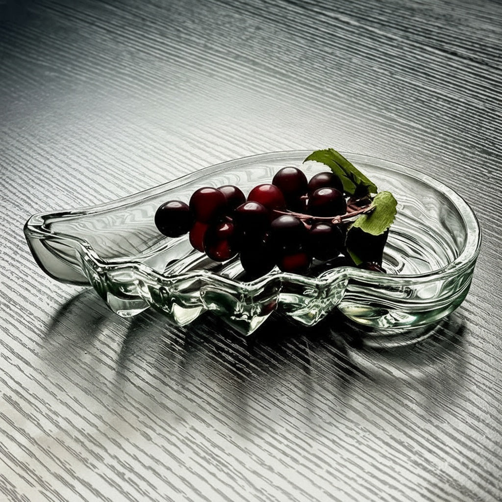 Clear glass sculptural serving dish holding grapes