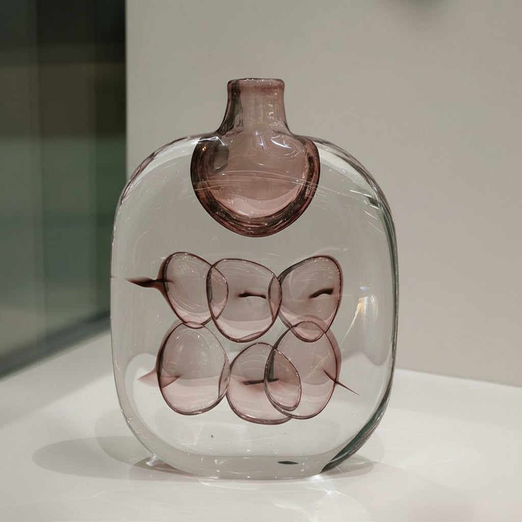 Front view of medium round clear glass vase with internal mauve bubbles