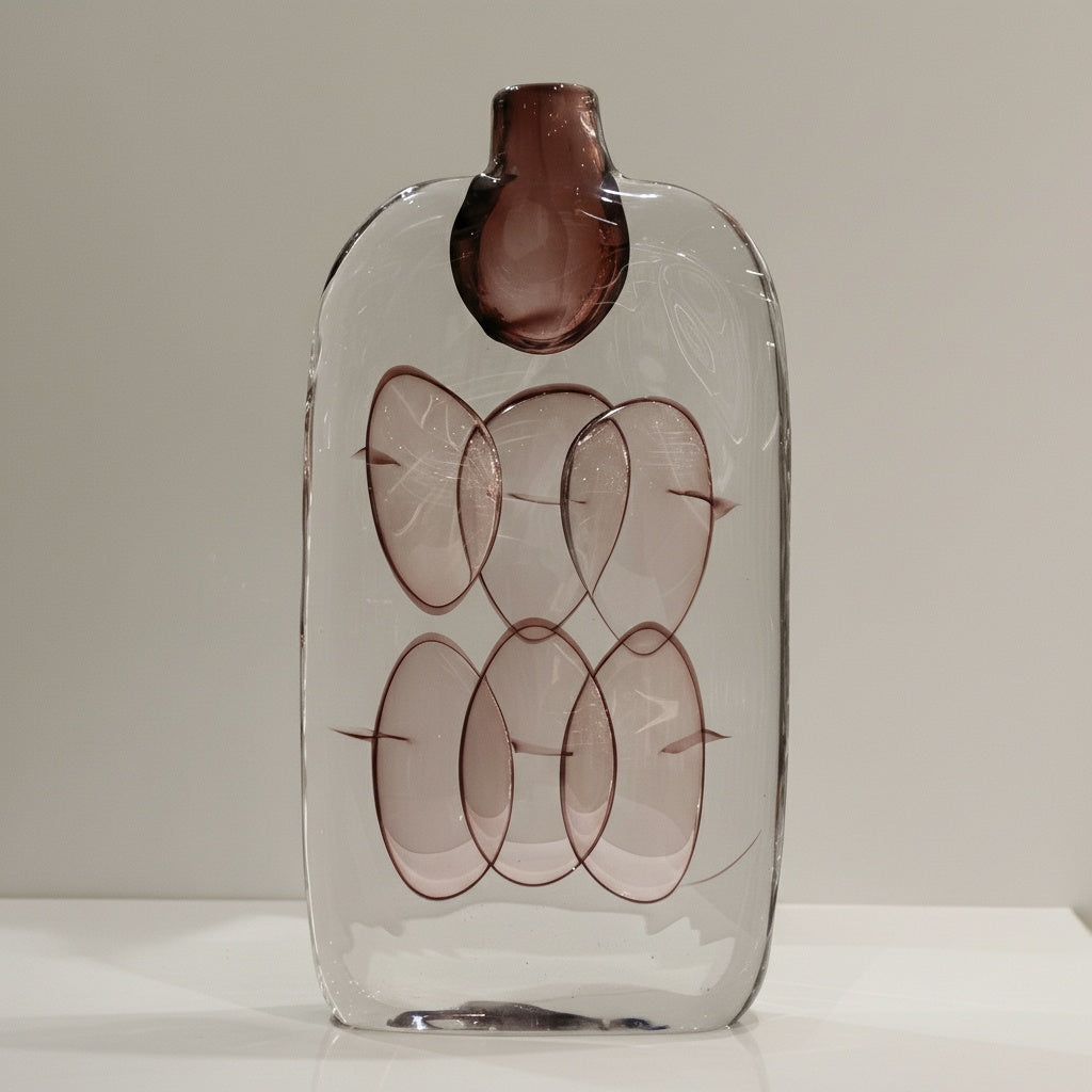 Front view of large tall clear glass vase with internal mauve bubbles