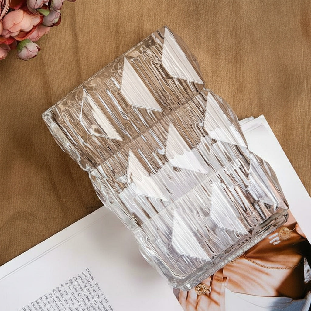 Top angled view showing geometric glass texture