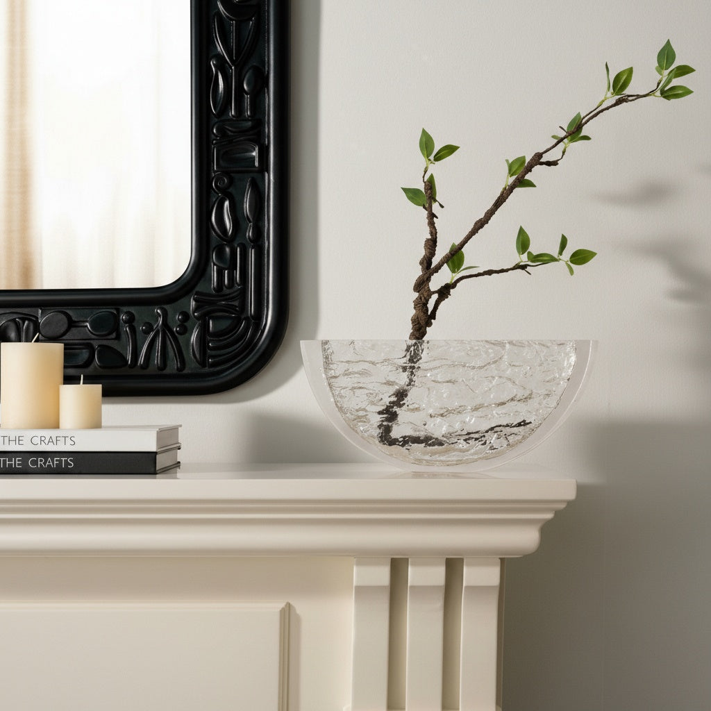 Clear textured glass half-moon vase on mantel with branch