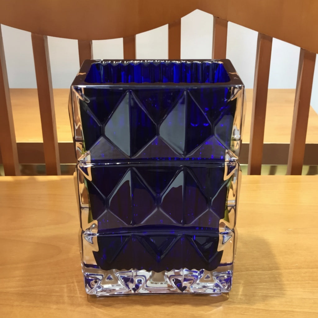 Cobalt Blue Geometric Cut Glass Vase