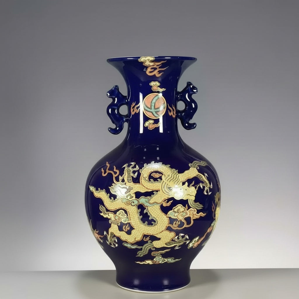 Cobalt Blue Porcelain Dragon Handled Vase