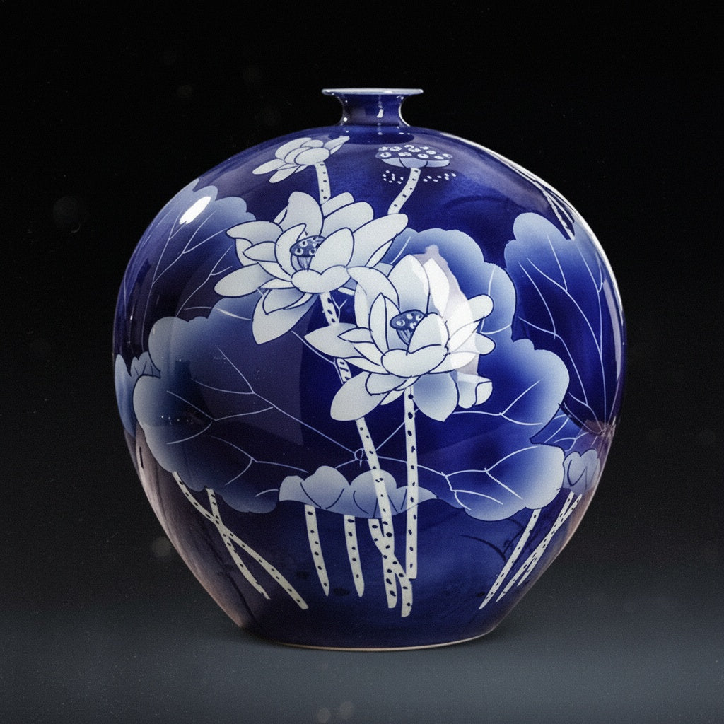 Cobalt Blue And White Porcelain Spherical Vase Front View