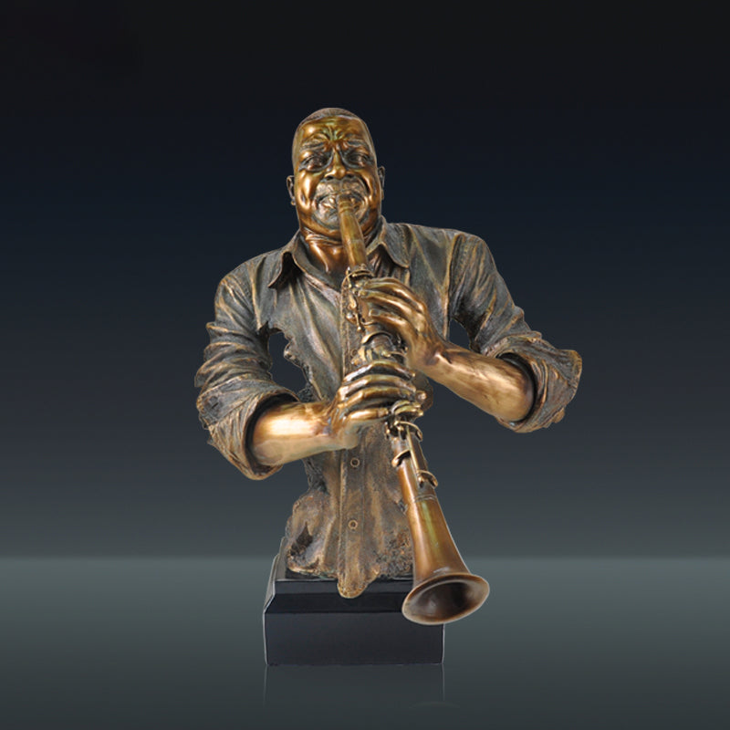 Front view of cold cast copper clarinet player bust sculpture