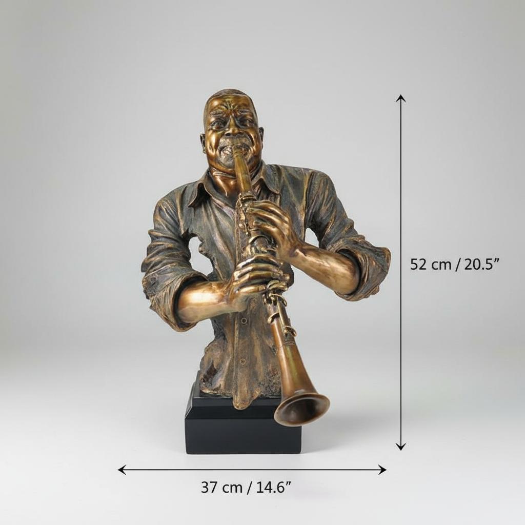 Dimensions view of jazz musician sculpture with height and width
