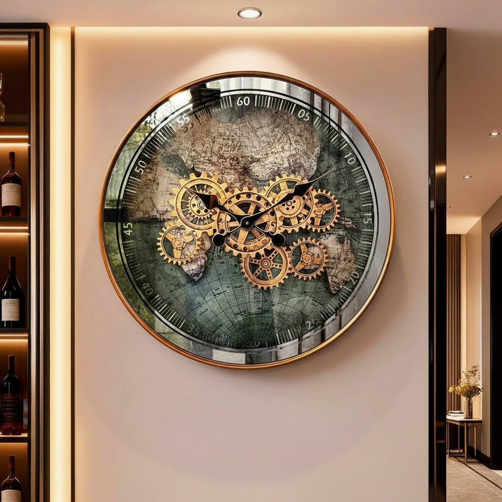 Angled view of world map wall clock with gear details