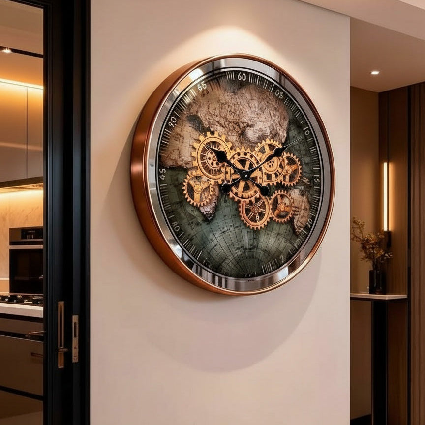 Side perspective of large copper wall clock in luxury setting