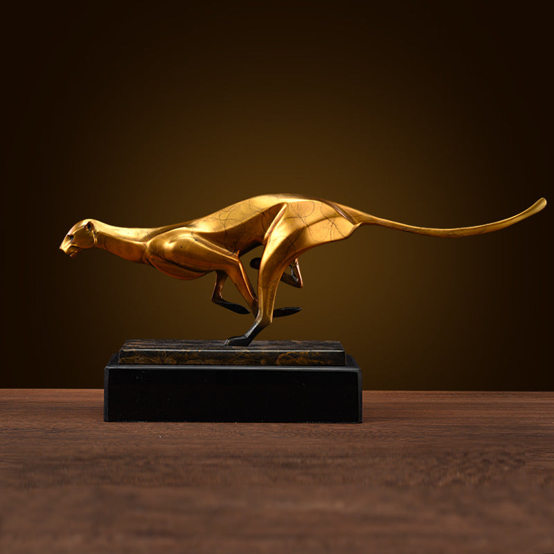 Side profile of textured copper cheetah sculpture sprinting