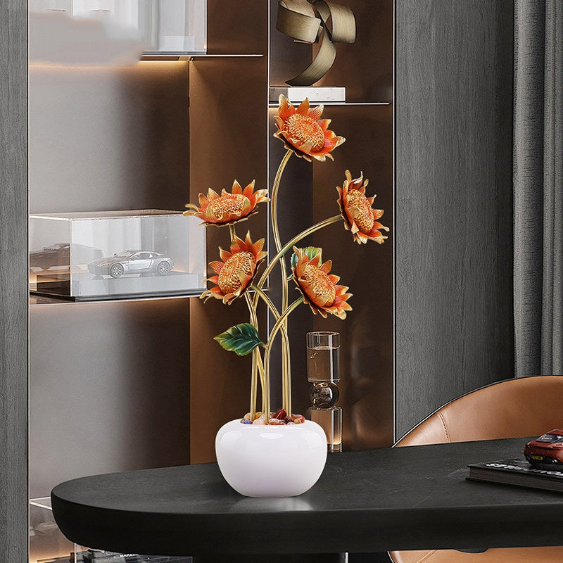 Copper sunflower sculpture on luxury display shelf