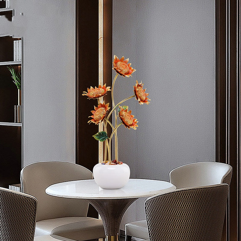 Copper sunflower arrangement in modern dining setting