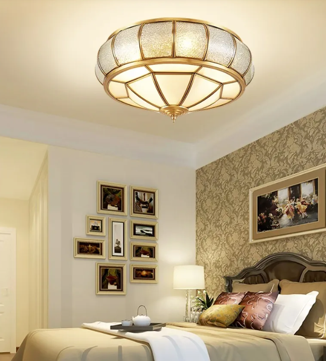Bedroom setting featuring the copper textured glass ceiling light