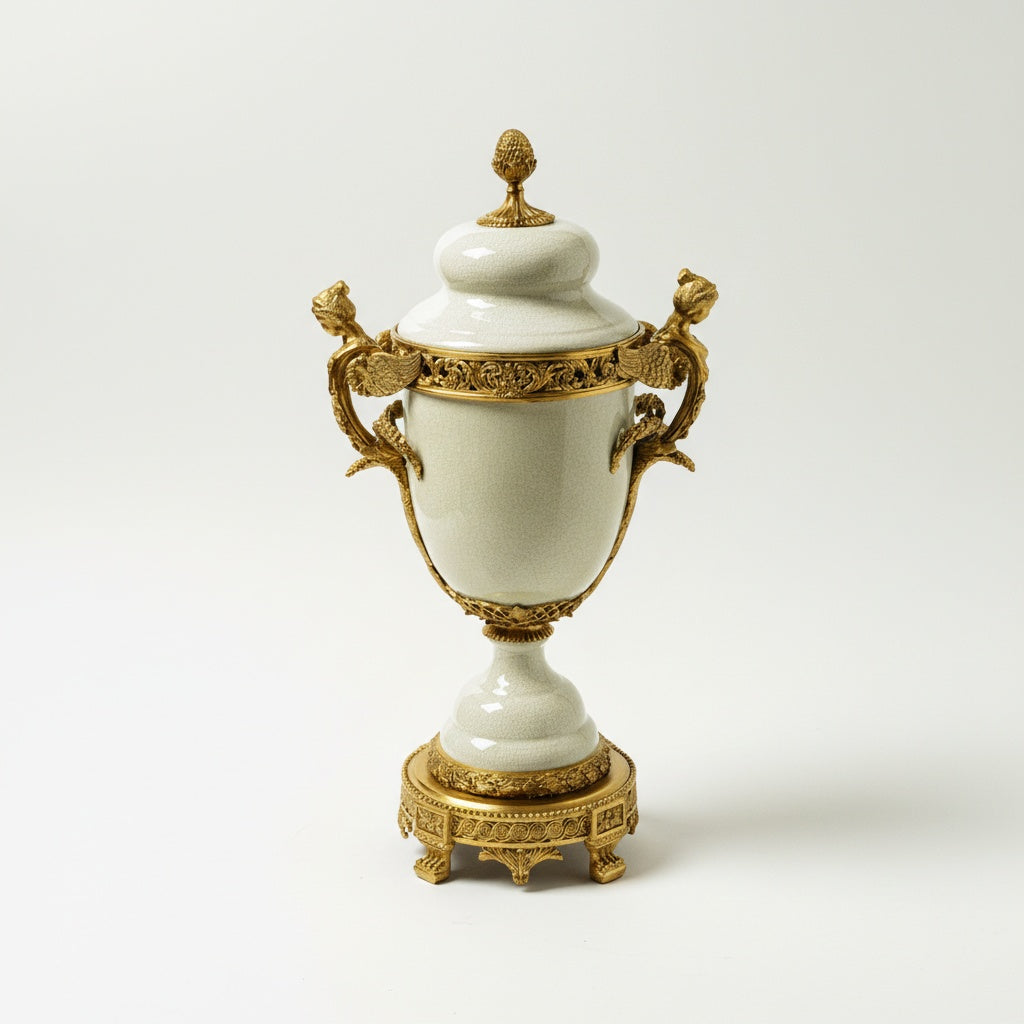Front view of the crackle ceramic and copper urn