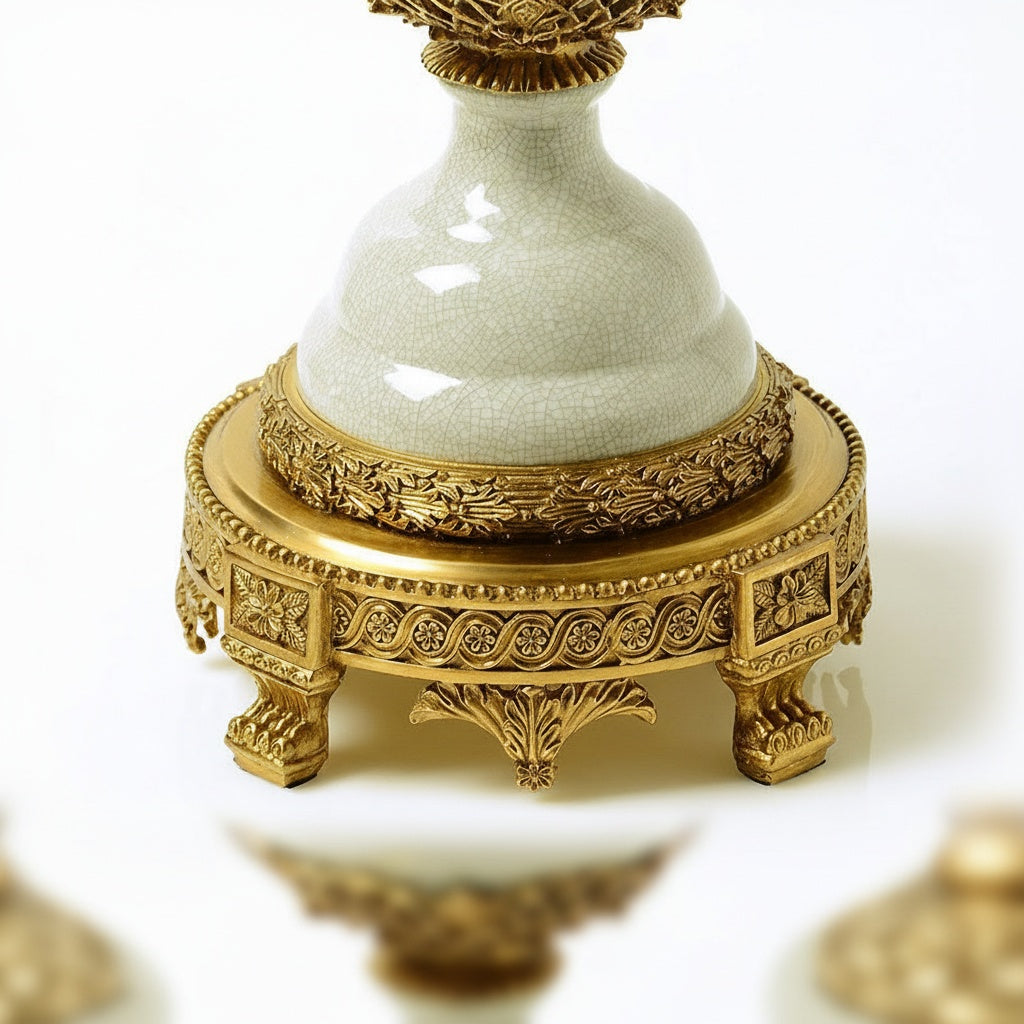 Close up of the intricate gold-tone copper base
