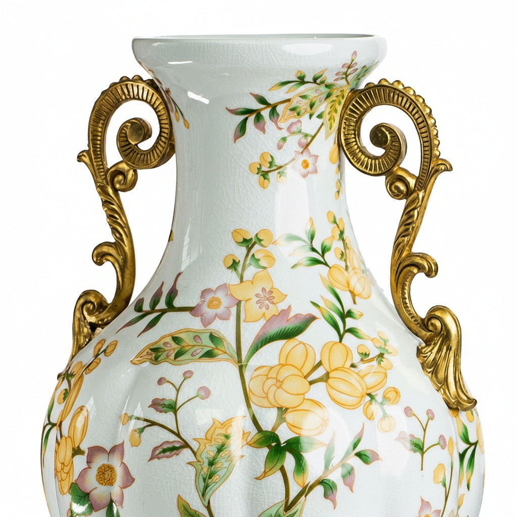 Close up detail of the crackle glaze finish and floral painting