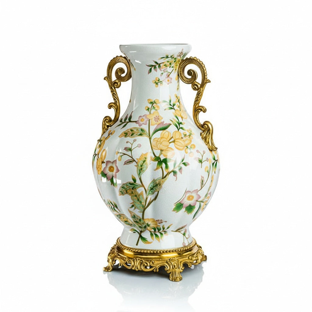 Angled view of the vase showing the ornate brass base