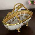 Side view of ornate ceramic and copper basket on table