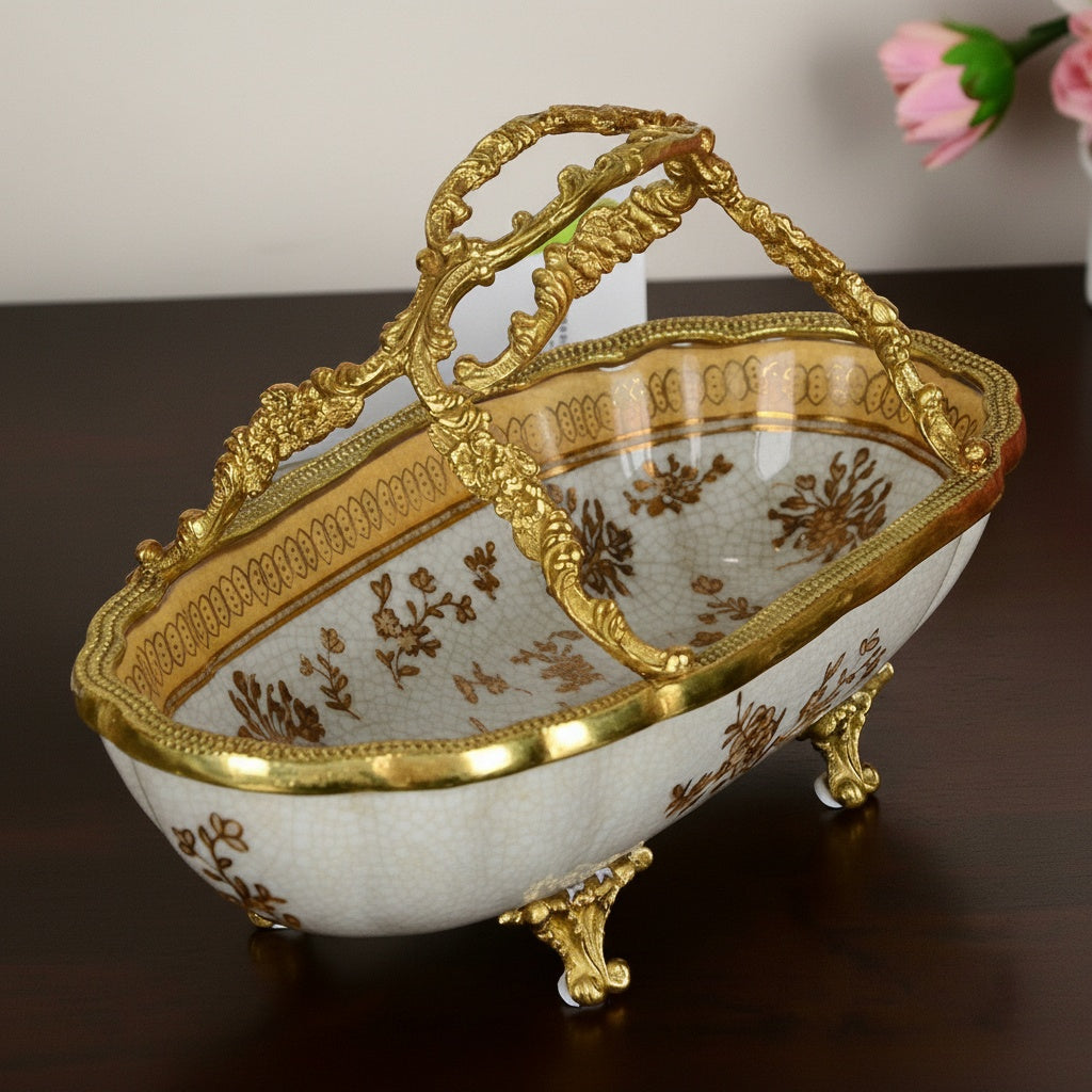 Side view of ornate ceramic and copper basket on table