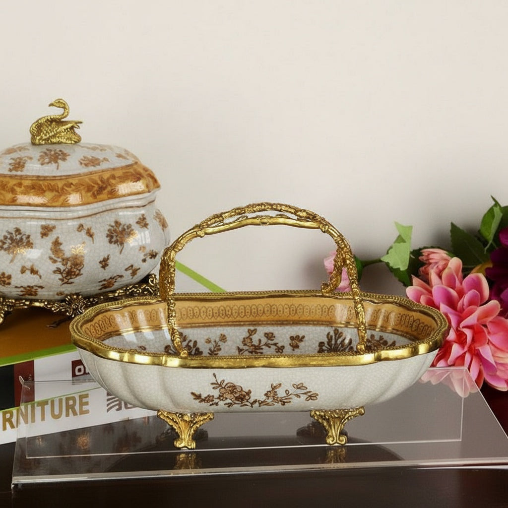 Front view of crackle glazed oval basket with handle