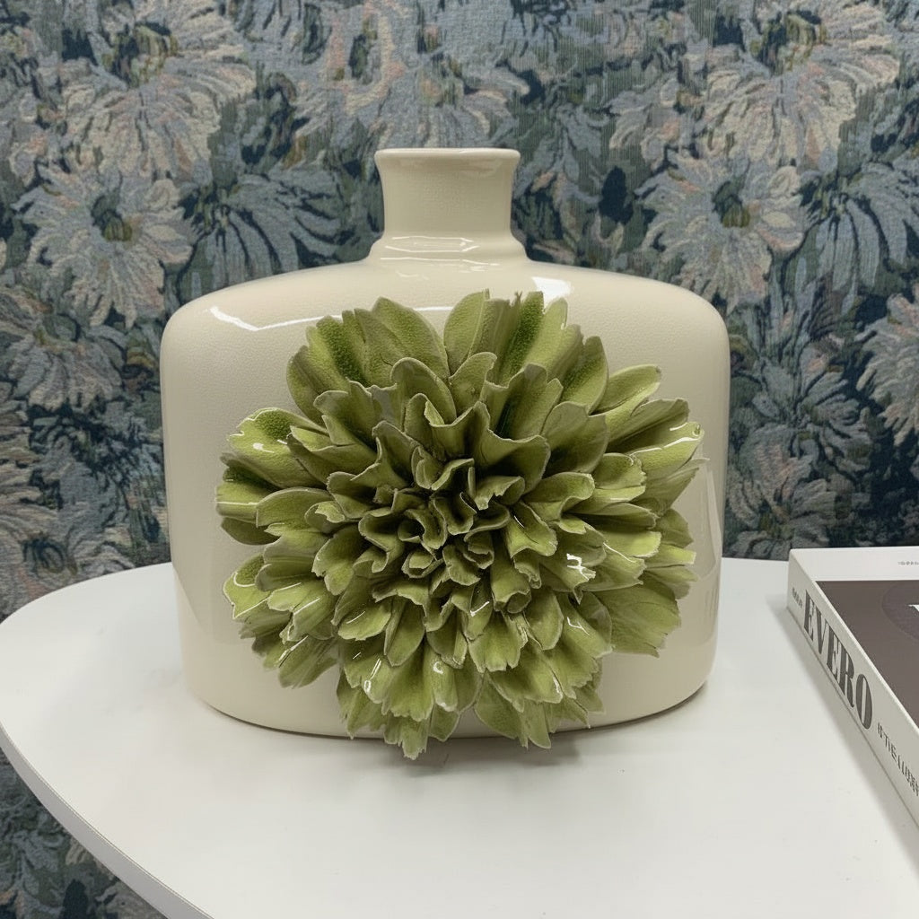 Cream And Green Ceramic Floral Vase