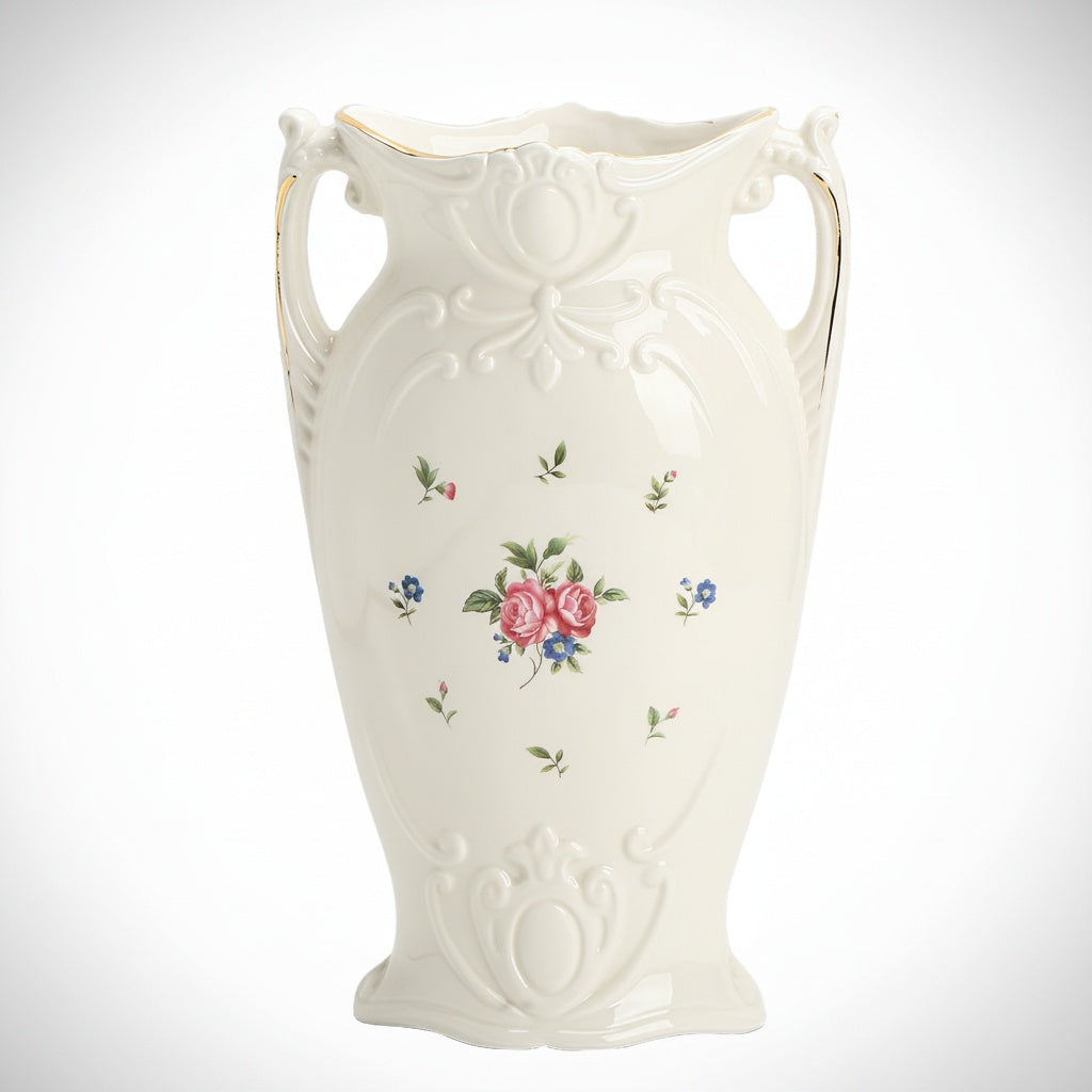 Cream ceramic floral handled vase with gold trim