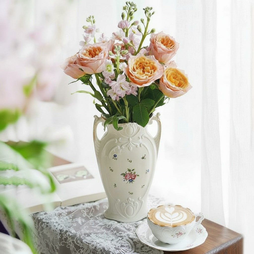 Cream ceramic floral handled vase displaying pink roses
