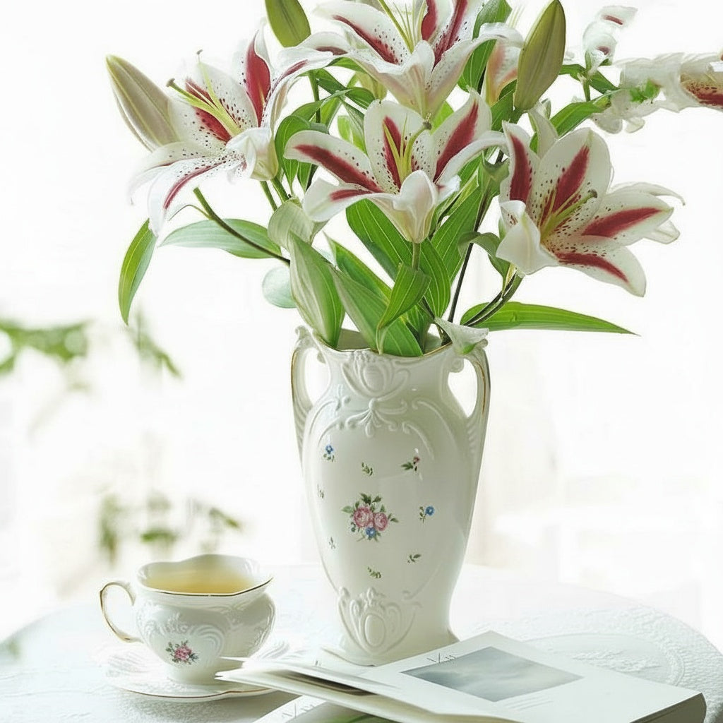 Cream ceramic floral handled vase displaying white and pink lilies