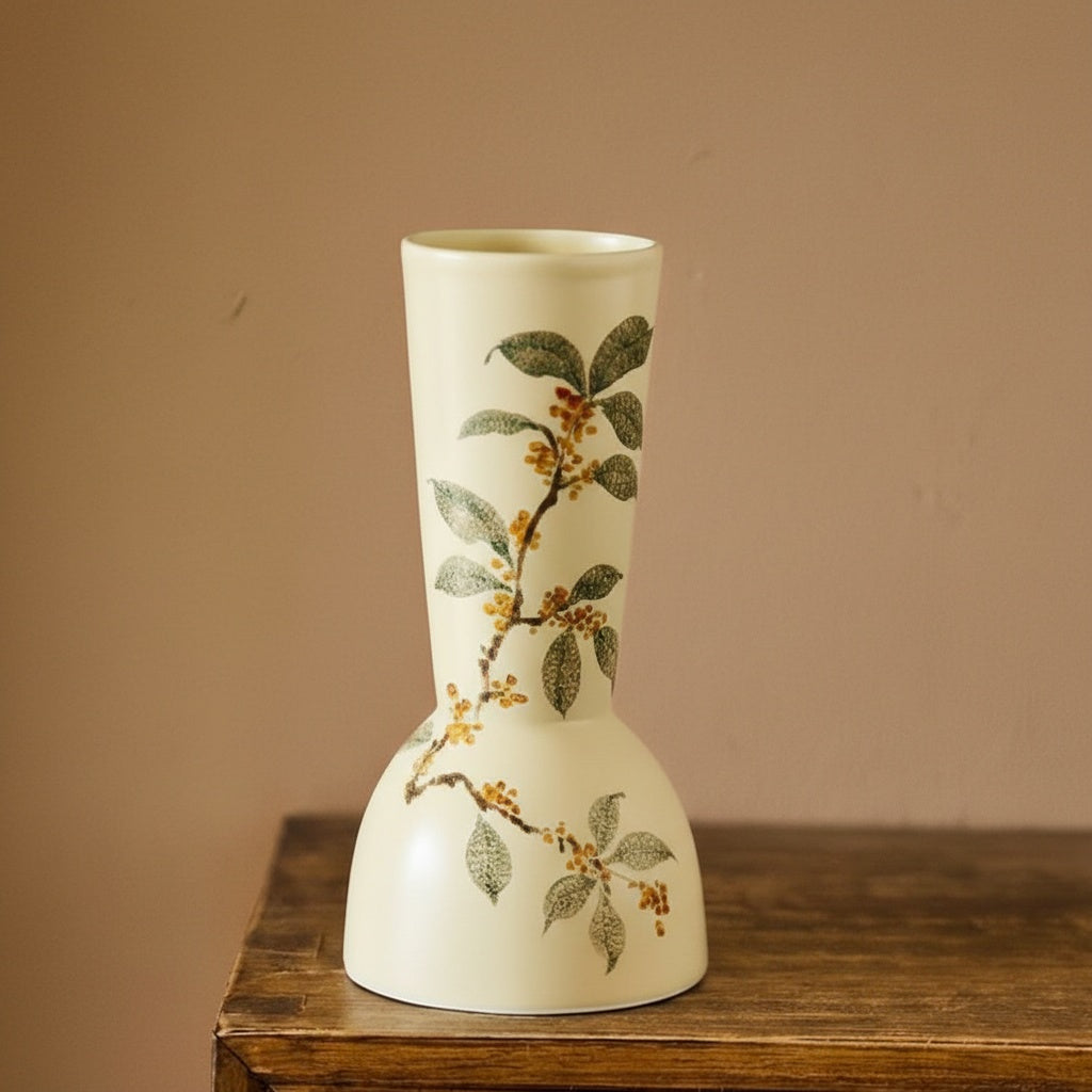 Empty cream ceramic vase with botanical design