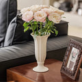 Cream Ceramic Fluted Pedestal Vase With Pink Roses