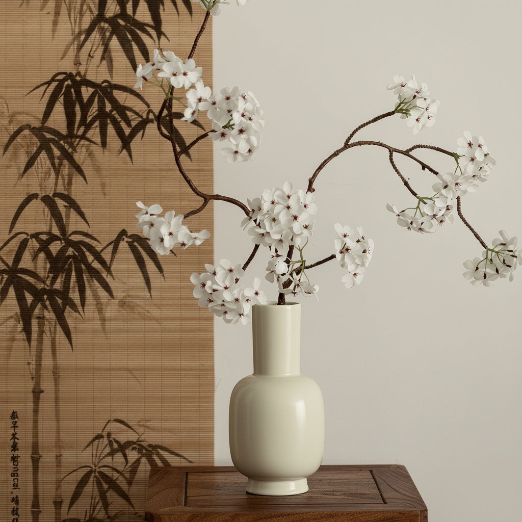 Cream Ceramic Long Neck Vase With White Flowers