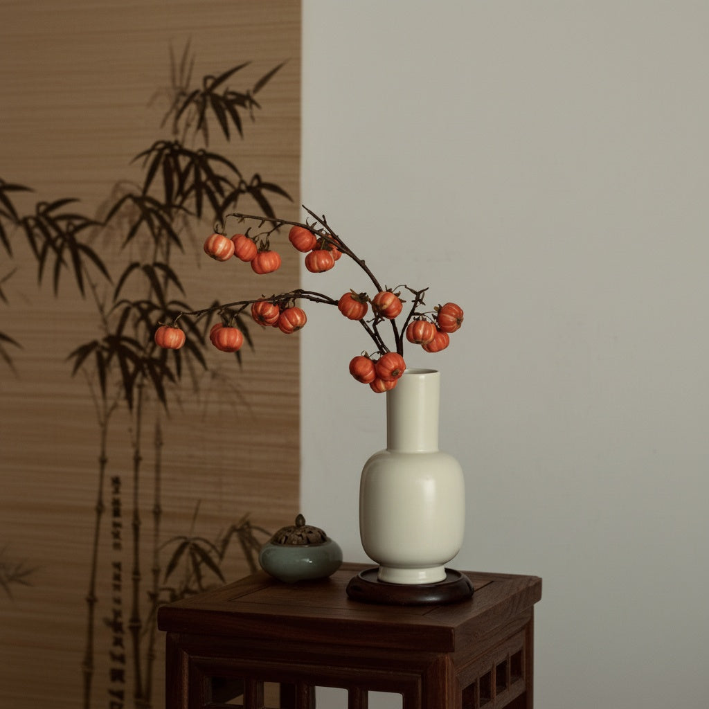 Cream Ceramic Long Neck Vase With Orange Branches
