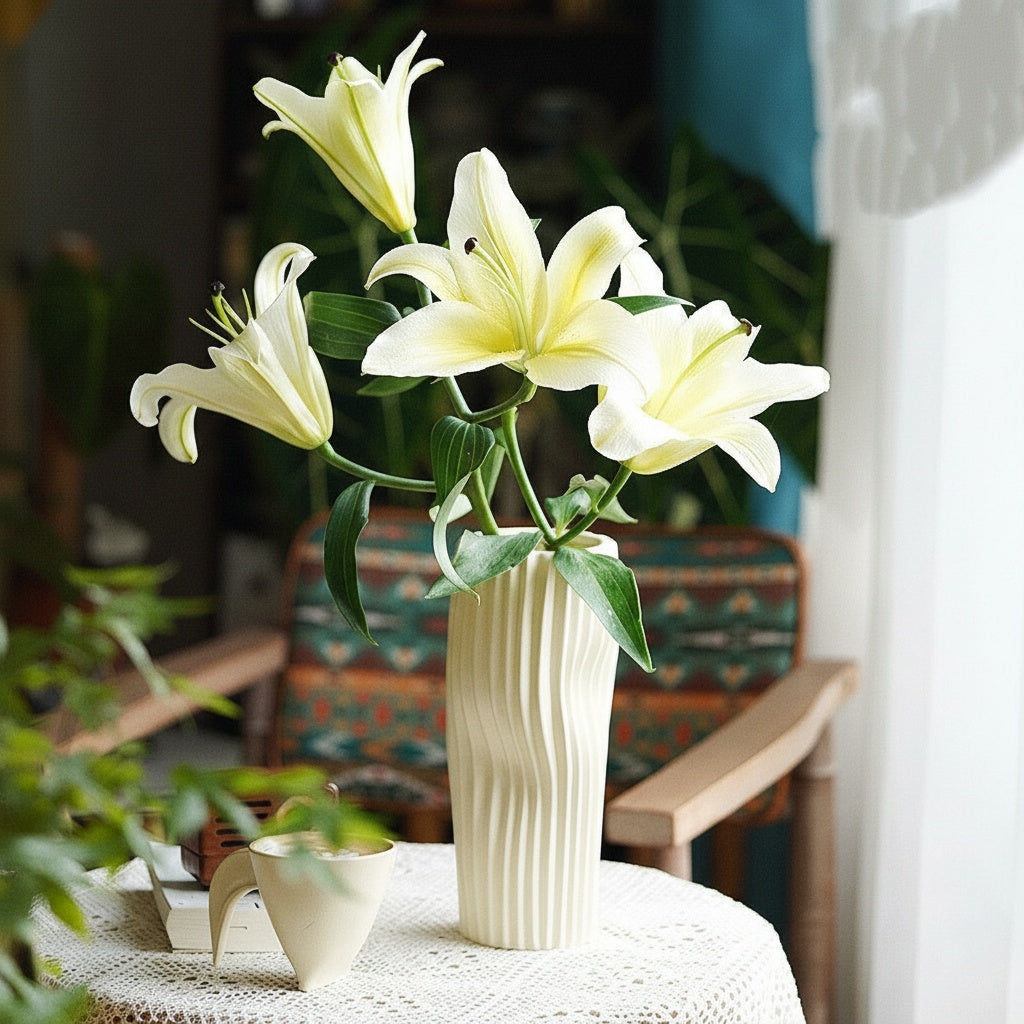 Cream Ceramic Ribbed Vase