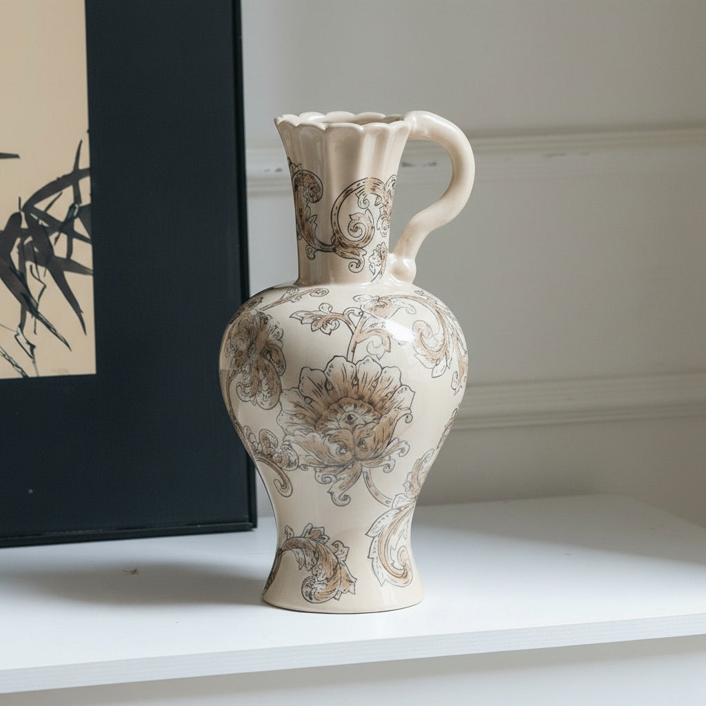 Close up of cream ceramic pitcher vase with scalloped rim