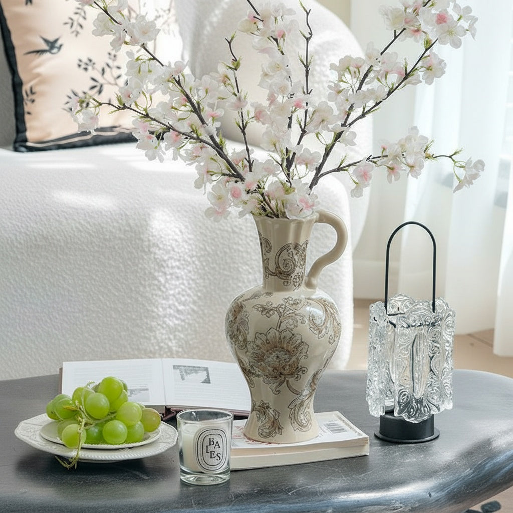Vintage style floral pitcher vase on coffee table with books