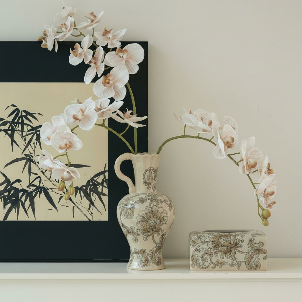 Side view of ceramic floral vase with handle and orchids