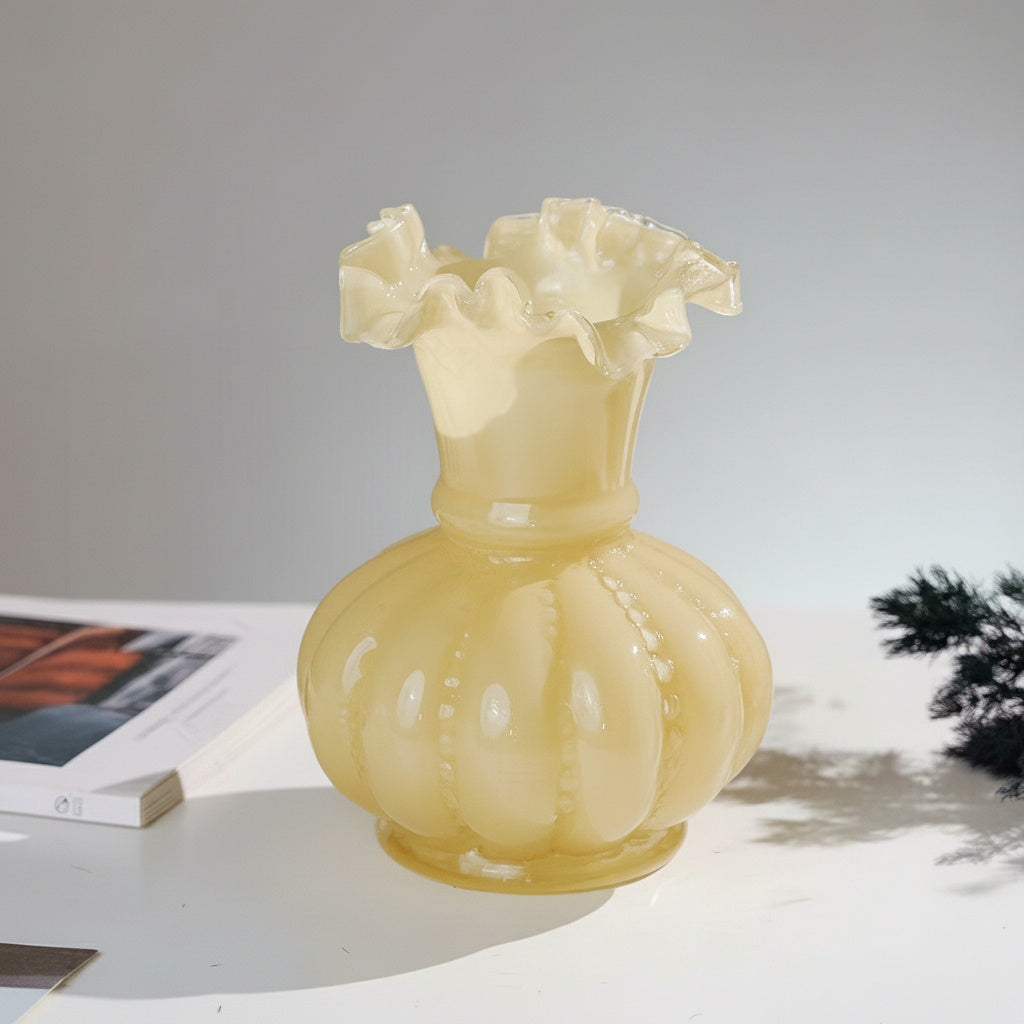 Cream Glass Ruffled Vase