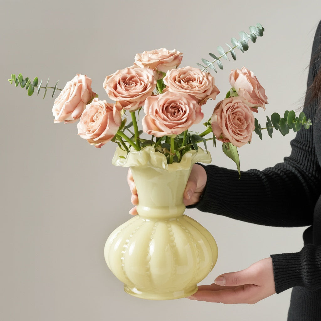 Cream Glass Ruffled Vase With Roses