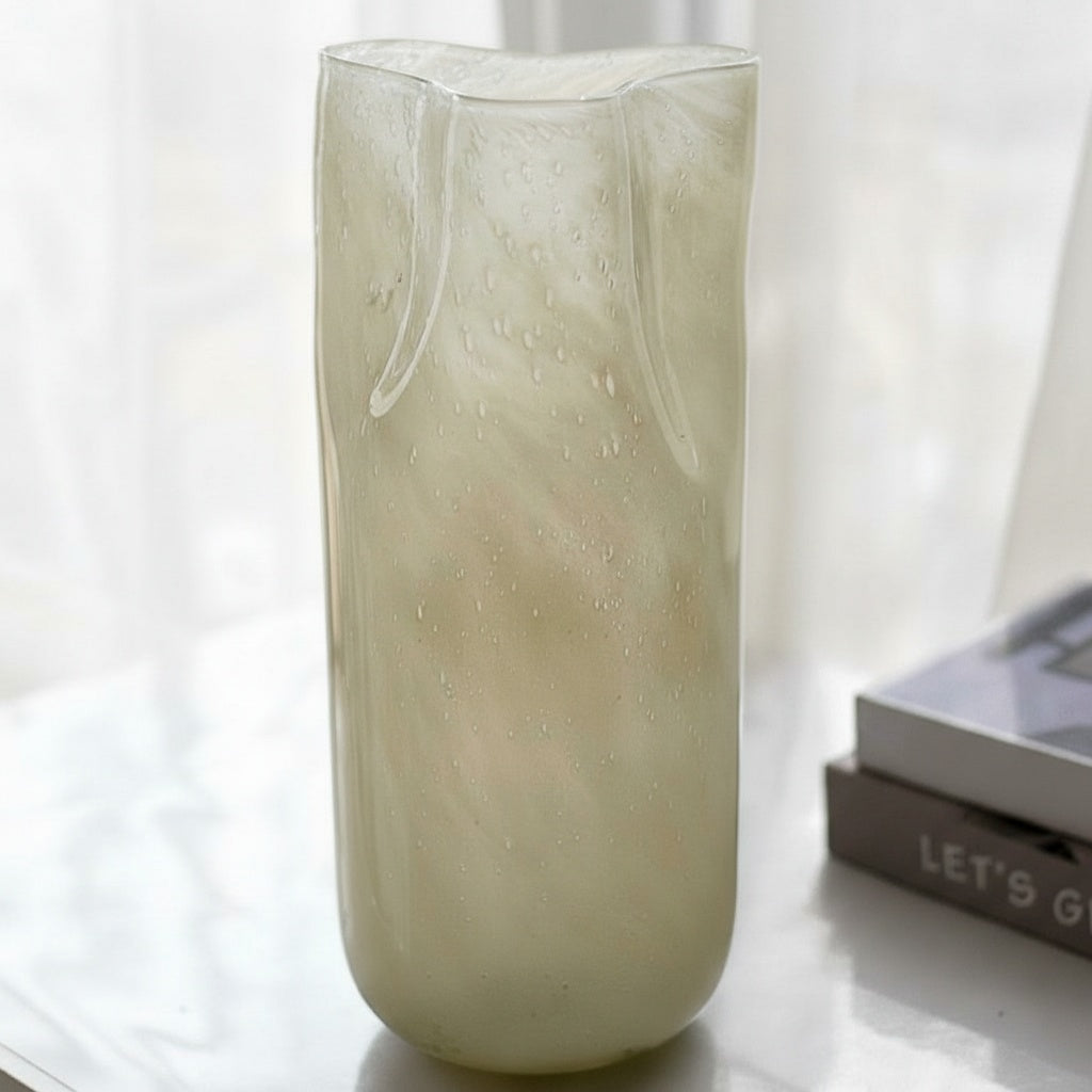 Cream seeded glass vase with folded rim and bubbles texture