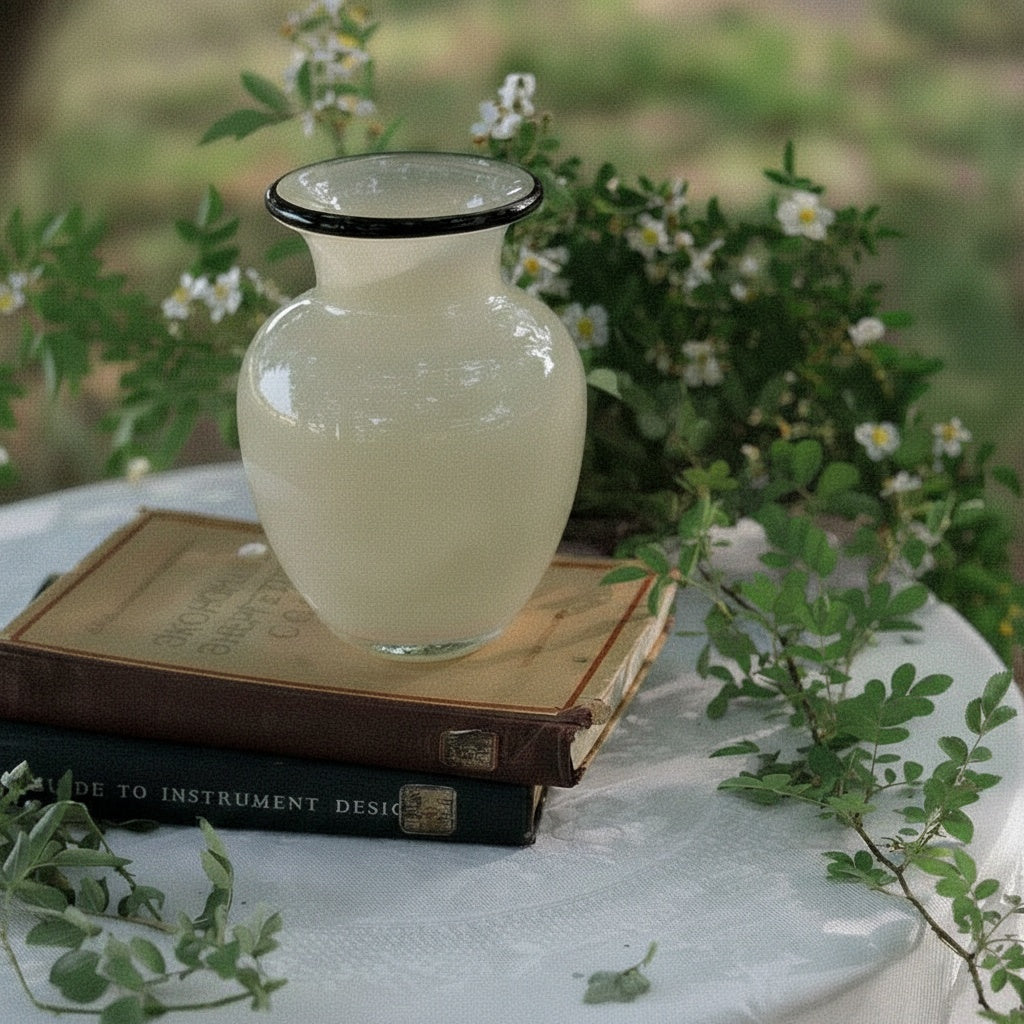Cream glass vase styled on books in outdoor setting