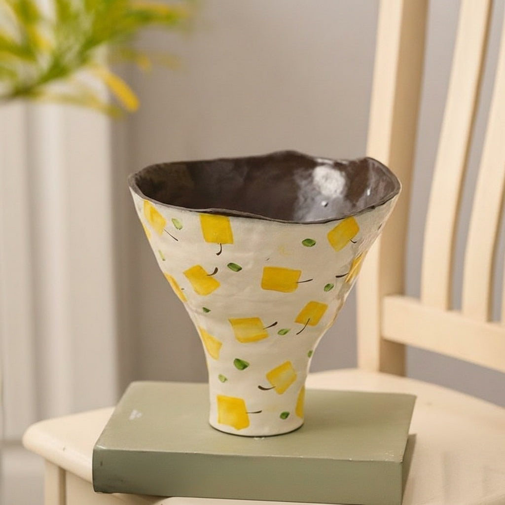 Cream and yellow patterned ceramic vase with organic rim on book
