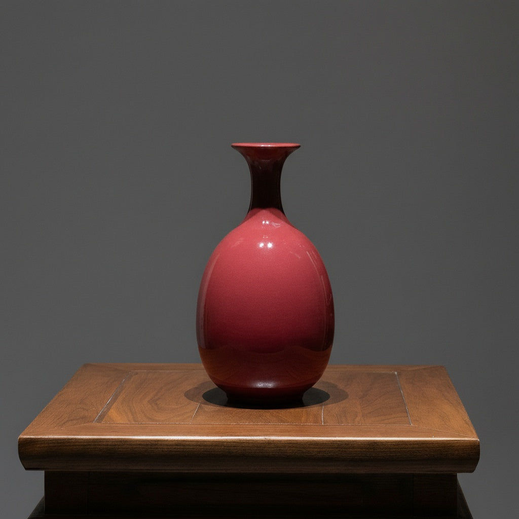 Angled view of glossy red ceramic vase showing finish details