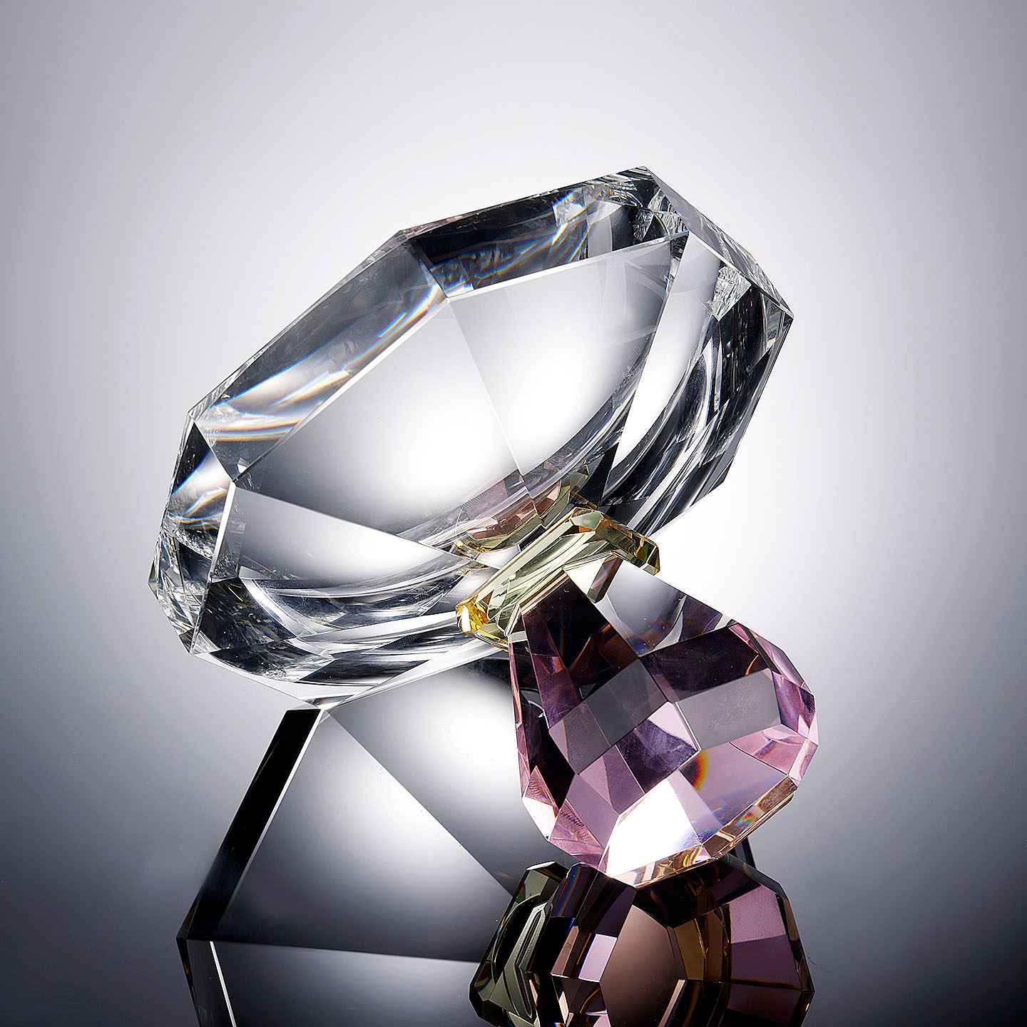 Low angle view highlighting the purple crystal base