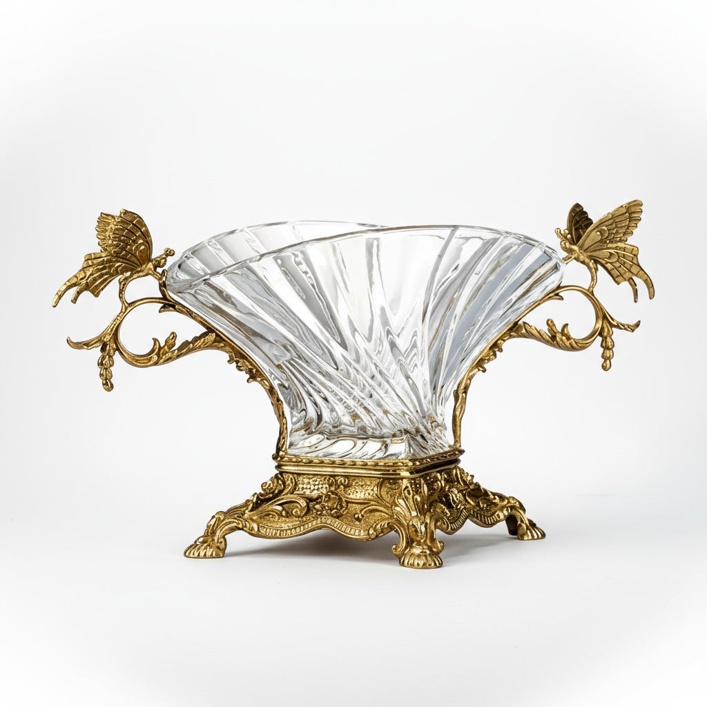 Front view of ornate brass and crystal butterfly centerpiece bowl isolated