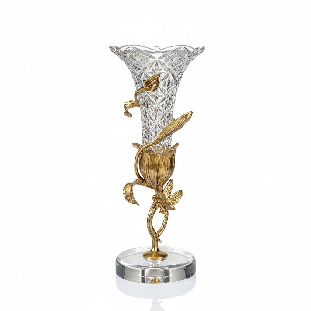 Full view of vase showing butterfly and floral brass accents