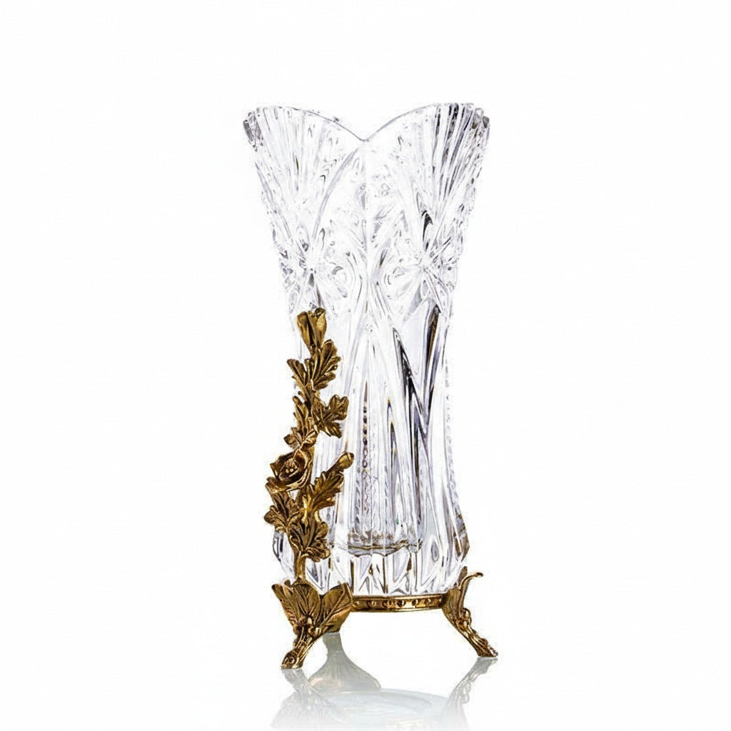 Full view of crystal vase with gold metal vine decoration