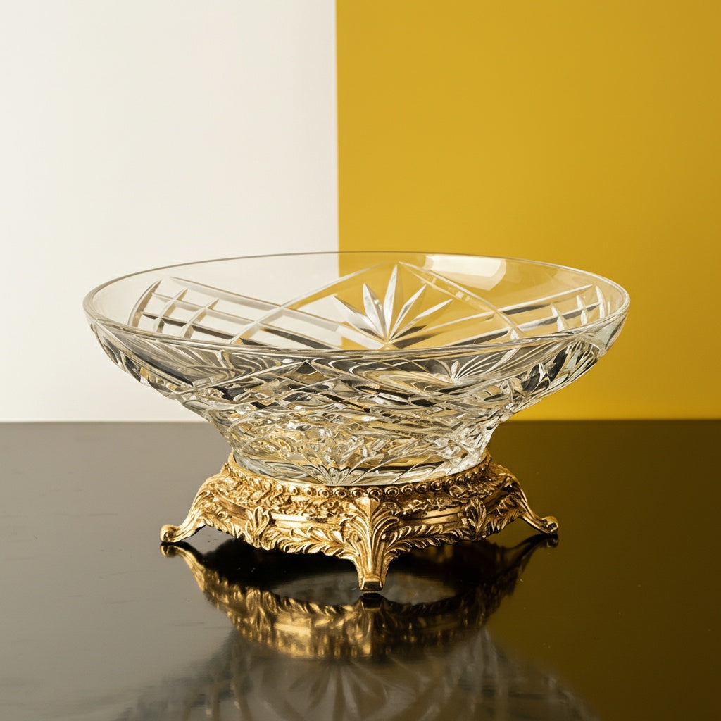 Front view of crystal bowl on ornate gold base
