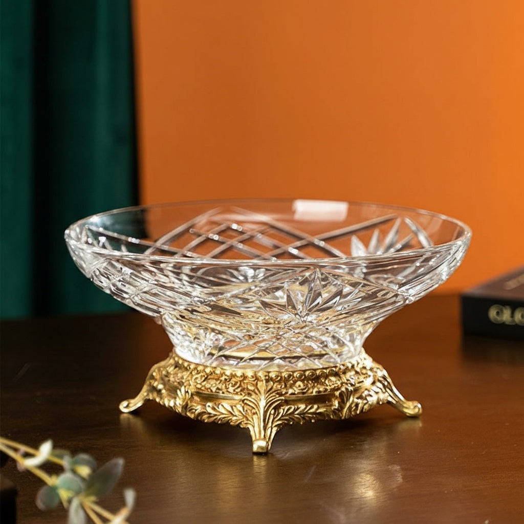 Angled view showing depth of crystal cuts and brass feet